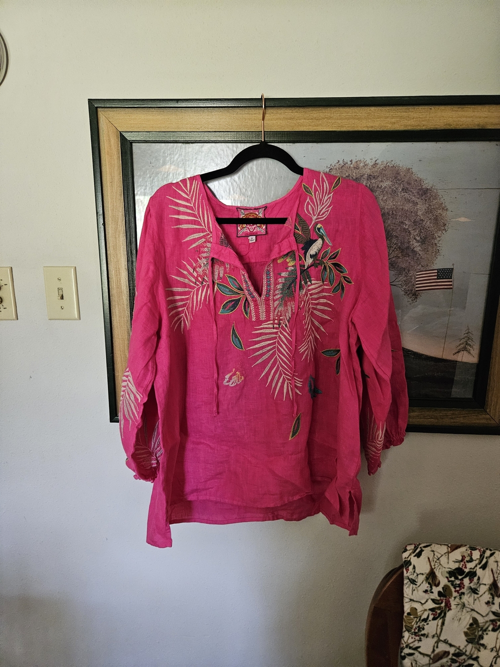 Johnny Was Kaluhi Split Neckline  Pink Embroidered Tunic Top Sz Xl